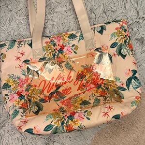 Insulated Floral Tote Bag with Transparent Pocket